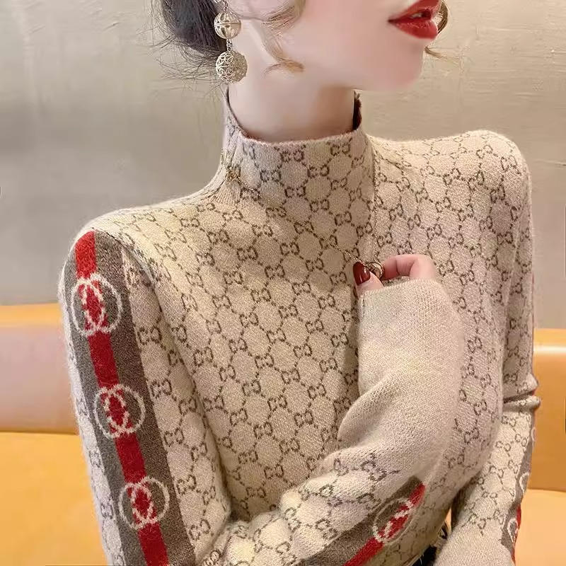 东菀大朗毛织大朗大郎毛衣旗舰店女出口新款秋冬半高领针织衫女羊