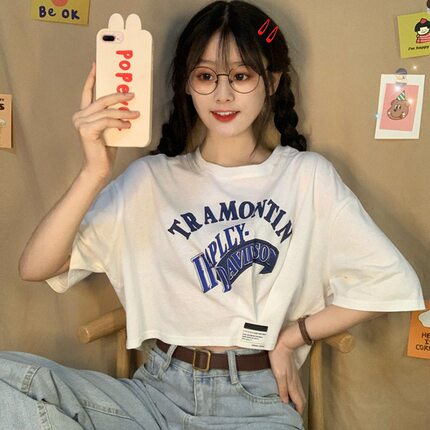 广州十三行高端t恤短袖t恤小众短款上衣女设计感2023年新款宽松仿