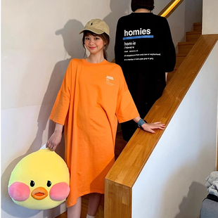 广州十三行爆款女装长款过膝T恤裙夏季宽松连衣裙纯棉包后领上衣