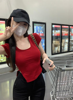 韩版夏天洋气短袖T恤女百搭配牛仔裤阔腿裤半裙包裙a字裙的上衣服