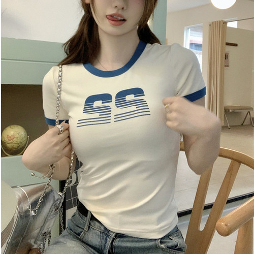 配阔腿牛仔裤的上衣短款别致高级设计感显瘦修身T恤女正肩短袖夏