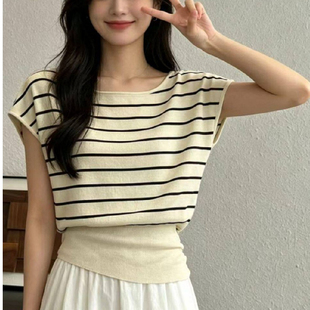 东莞大朗工厂牛货夏季时尚条纹短袖t恤女薄款冰丝舒适百搭针织衫