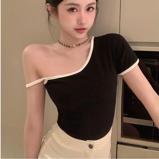 广州十三行外贸出口孤品样衣爆款女装时尚辣妹短袖t恤女正肩上衣