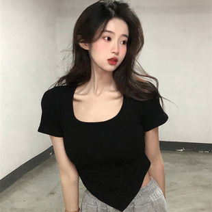 广东广州十三行女装高端欧货2025夏短袖T恤不规则设计感上衣收腰