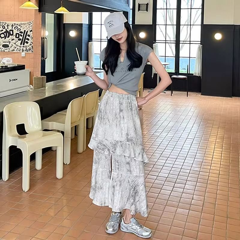 广州十三行女装~垂坠感显瘦大裙摆~夏季小个子文艺长款白色半身裙