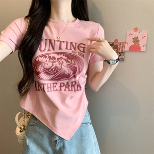 广东广州十三行女装高端欧货上衣夏季设计感孤型下摆褶皱短袖T恤