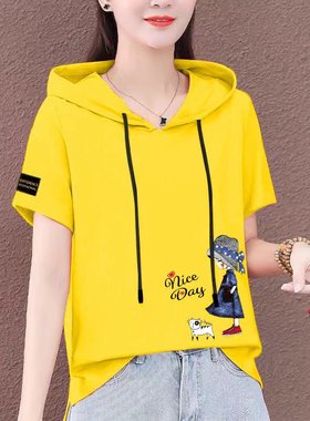棉日系森女夏装卡通印花连帽短袖T恤初中学生少女软萌妹休闲上衣