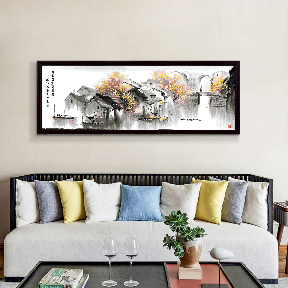 diy数字油画丙烯装饰中国风填充手工油彩画填色客厅江南水乡风景图片
