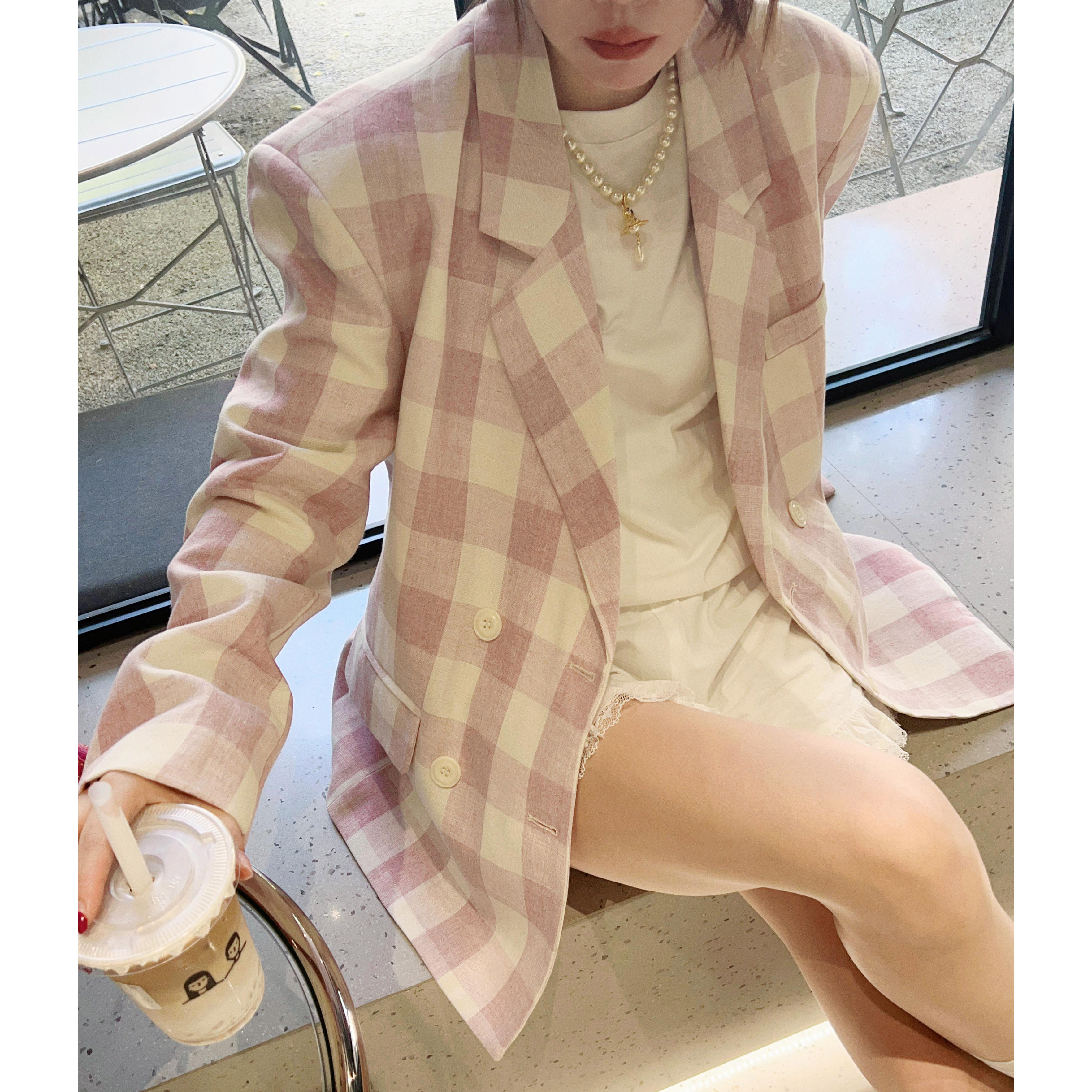 LADYFF2023/早秋粉色格子西装外套女双排扣减龄甜美气质宽松上衣