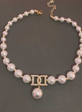 韩国ins风简约个性项链镶钻珍珠拼接短款颈链网红气质设计感项饰