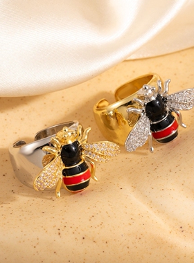 个性轻奢设计感金属开口镶钻蜜蜂戒指小众精致光面宽版指环食指戒