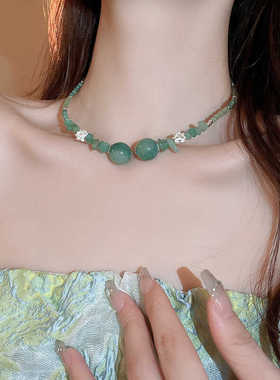 新中式撞色串珠莲花玉石项圈高级感国潮百搭颈链小众新款项链项饰