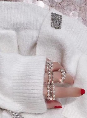 ins韩国定制珍珠满钻戒指冷淡