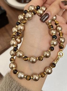 新款电镀圆形珍珠款项链秋冬美拉德虎眼石毛衣链小众复古时尚项饰