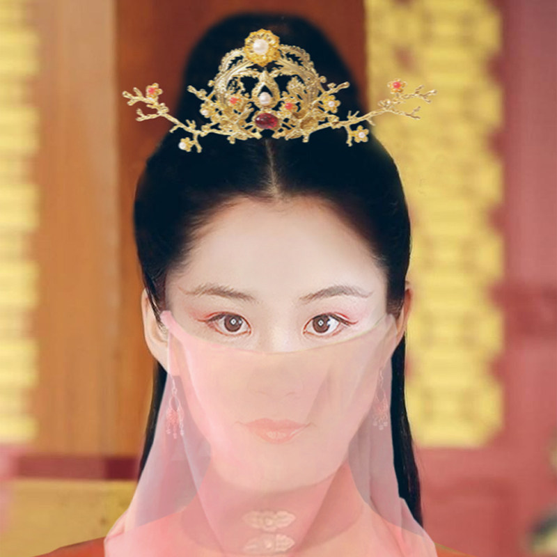 汉服头饰古风凤冠双凤戏珠花枝大发冠唐风诃子裙敦煌宫廷公主发饰