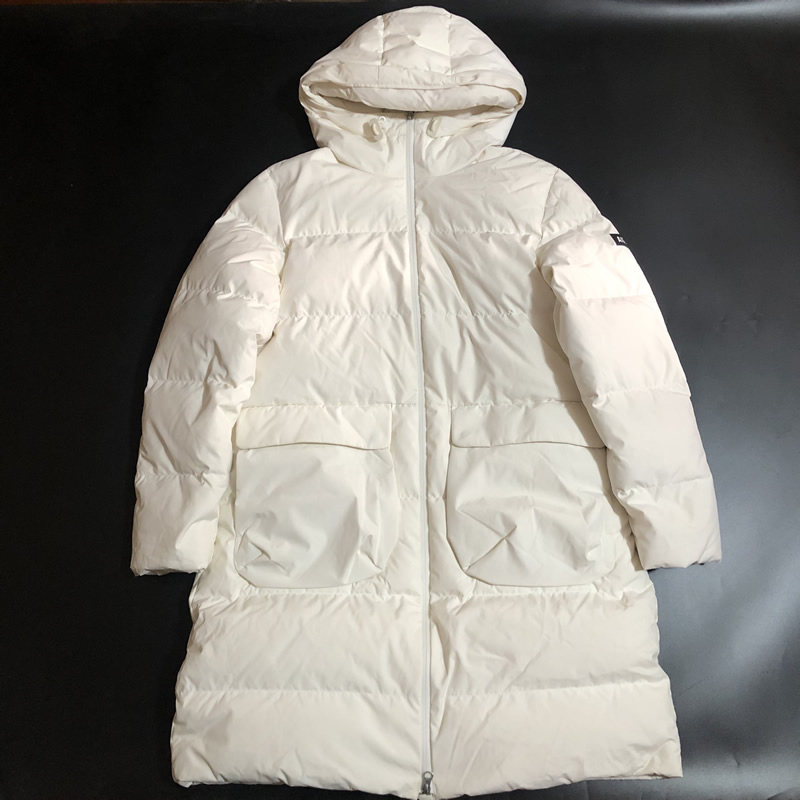 正品AIGLE艾高白色羽绒服女连帽长款过膝鹅绒保暖防水大口袋AC025