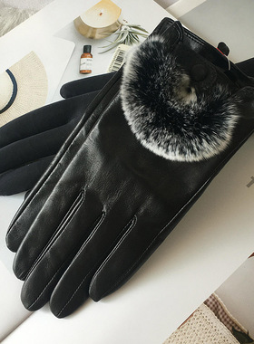 秋冬羊皮手套女士加绒獭兔毛口防寒保暖骑行真皮手套全触屏L18809
