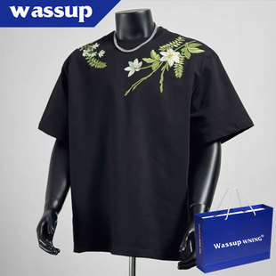 WASSUP2026夏季 男美式 宽松潮牌半截袖 T恤上衣 设计感绣花纯棉短袖