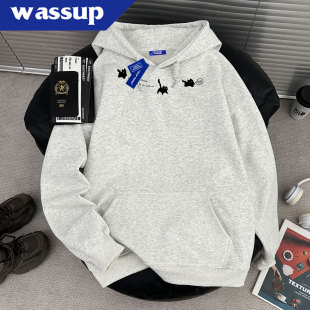 WASSUP潮牌美式 宽松上衣 复古猫咪印花廓形连帽卫衣男秋冬2025新款