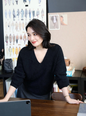 LORRAINES25冬新款 太妃拿铁-100羊绒拉绒V领慵懒宽松套头针织衫