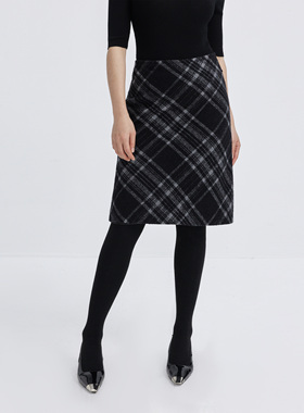 LORRAINES春新款 古堡森林-复古法式羊毛呢格纹高腰A字直筒包臀裙