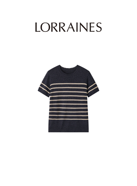 LORRAINES 精致生活系列-进口和纸纱凉感圆领撞色条纹针织短袖