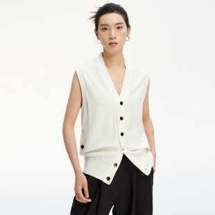 开衫 气质假两层V领50羊毛针织马甲无袖 白色法式 LORRAINES