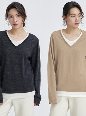 LORRAINES春新款 优雅双重奏-德国biella美丽诺羊毛假两件V领针织