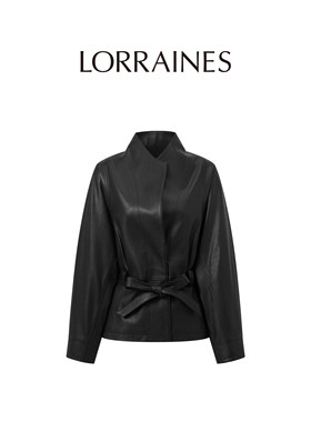 LORRAINES 精英衣橱-鹿纹小羊皮斜襟立领系带收腰皮衣外套