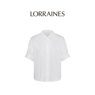 LORRAINES 法式通勤系列-高支长绒棉弹翻领白色短袖衬衫