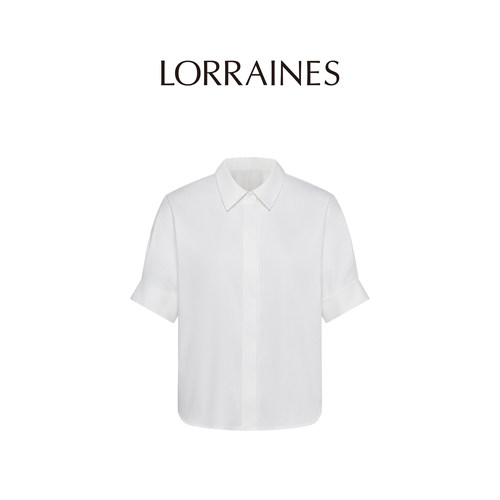LORRAINES 法式通勤系列-高支长绒棉弹翻领白色短袖衬衫