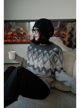 LORRAINES25冬新 北纬初雪-羊绒羊毛桑蚕丝菱格纹费尔岛圆领毛衣