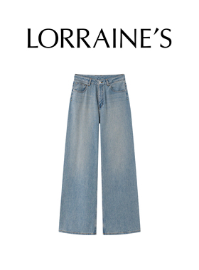 LORRAINES新款 轻量时髦-复古水洗弹力中腰宽腿直筒牛仔裤