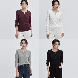 不tui不换 亨利领罗纹长袖 休闲美学 圆领修身 T恤打底 基础款