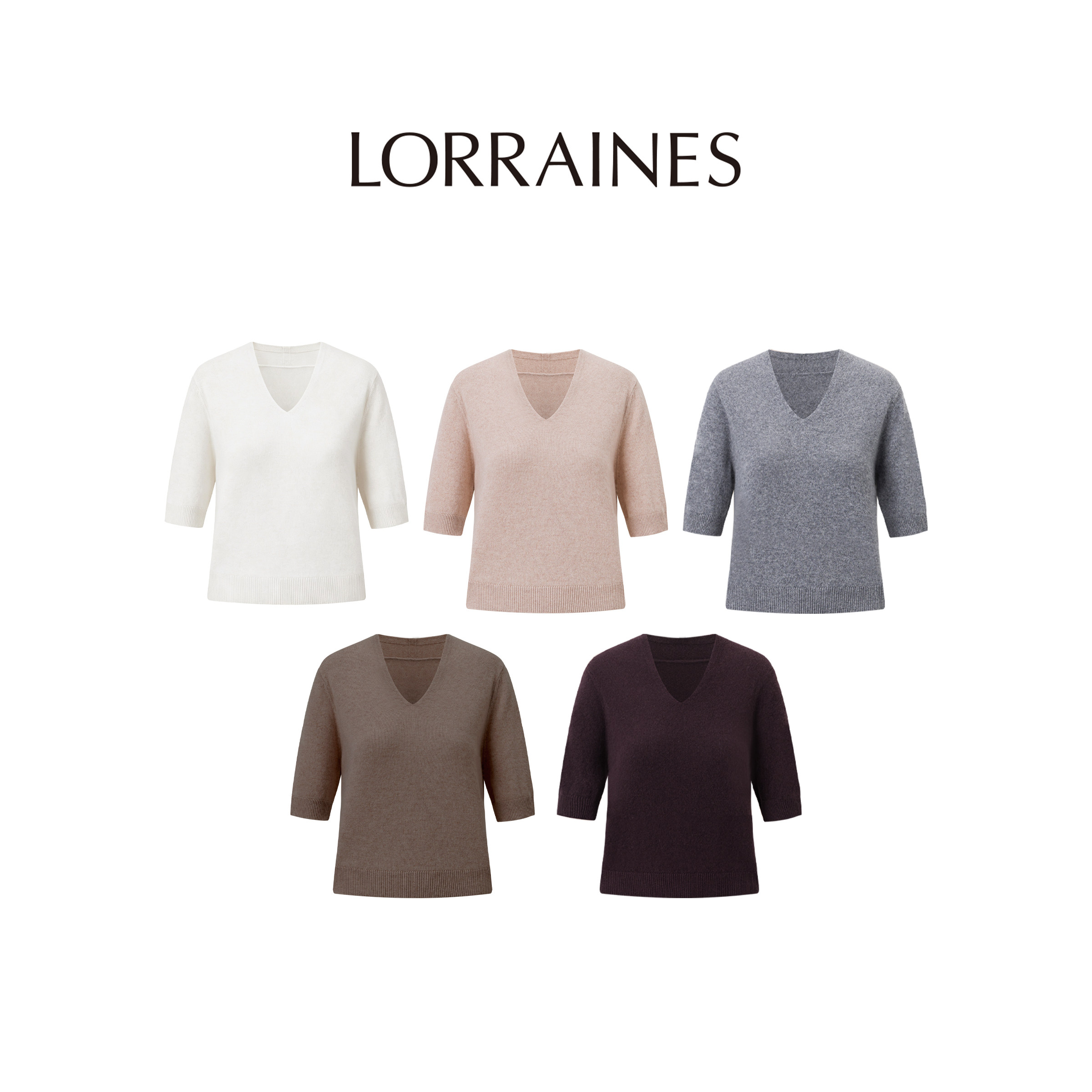 LORRAINES 优雅日常-100baby山羊绒可机洗亲肤V领针织短袖上衣图片