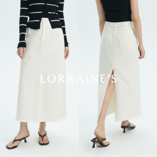 长绒棉直筒A字显瘦毛边后开叉白牛仔半裙 INS博主风 LORRAINE