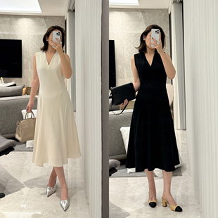 LORRAINES新款 优雅通勤-三醋酸经典气质V领无袖收腰背心连衣裙