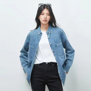 双口袋休闲牛仔衬衫 100%新疆棉11安牛仔面料宽松长袖 LORRAINE