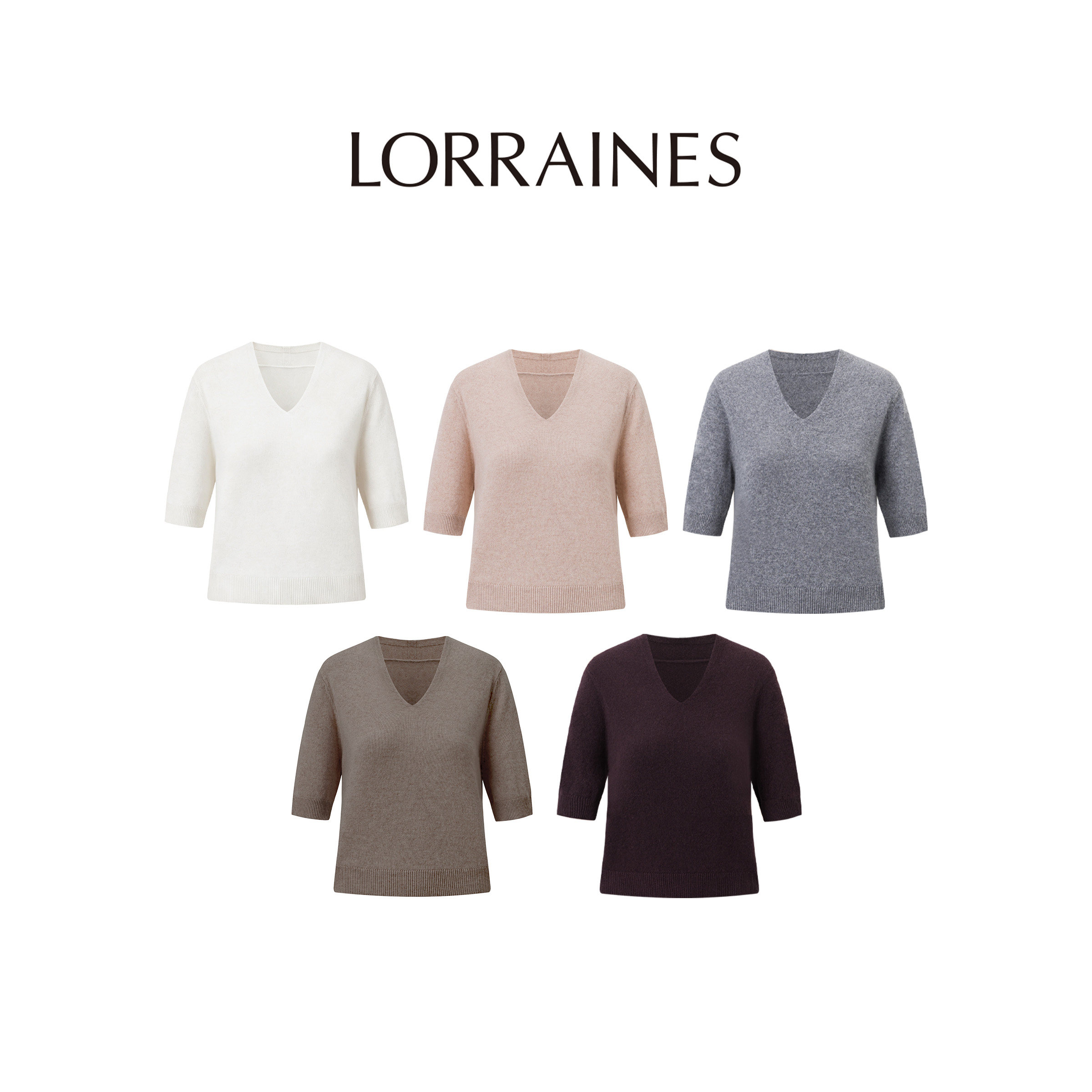 LORRAINES 优雅日常-100baby山羊绒可机洗亲肤V领针织短袖上衣