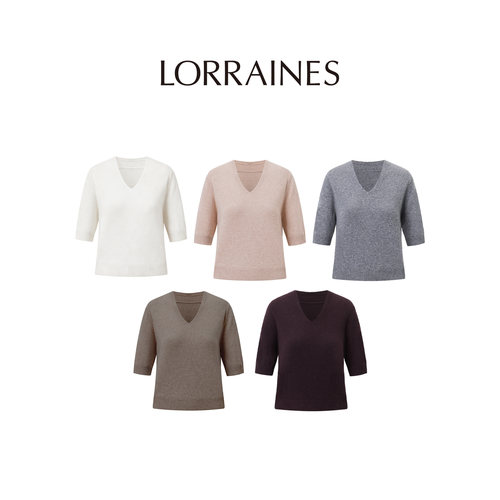 LORRAINES 优雅日常-100baby山羊绒可机洗亲肤V领针织短袖上衣