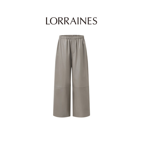 LORRAINES 高奢衣橱-油蜡绵羊皮松紧腰宽松阔腿哑光休闲九分皮裤