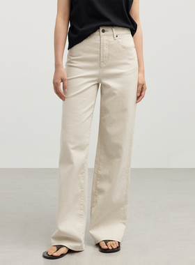 LORRAINE'S“富士山下”简约气质棉麻混纺白色高腰宽腿直筒牛仔裤