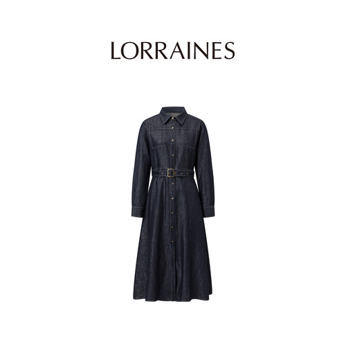 LORRAINES 轻法复古-翻领长袖金葱牛仔衬衫中长款收腰连衣裙