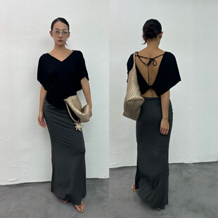 现货还原 WEEEECHAN次日早晨  露背针织系带短袖上衣 咖色/黑色