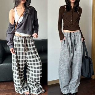 次日早晨｜廓形感格纹松紧腰宽松阔腿裤 现货 还原W.EEEECHAN