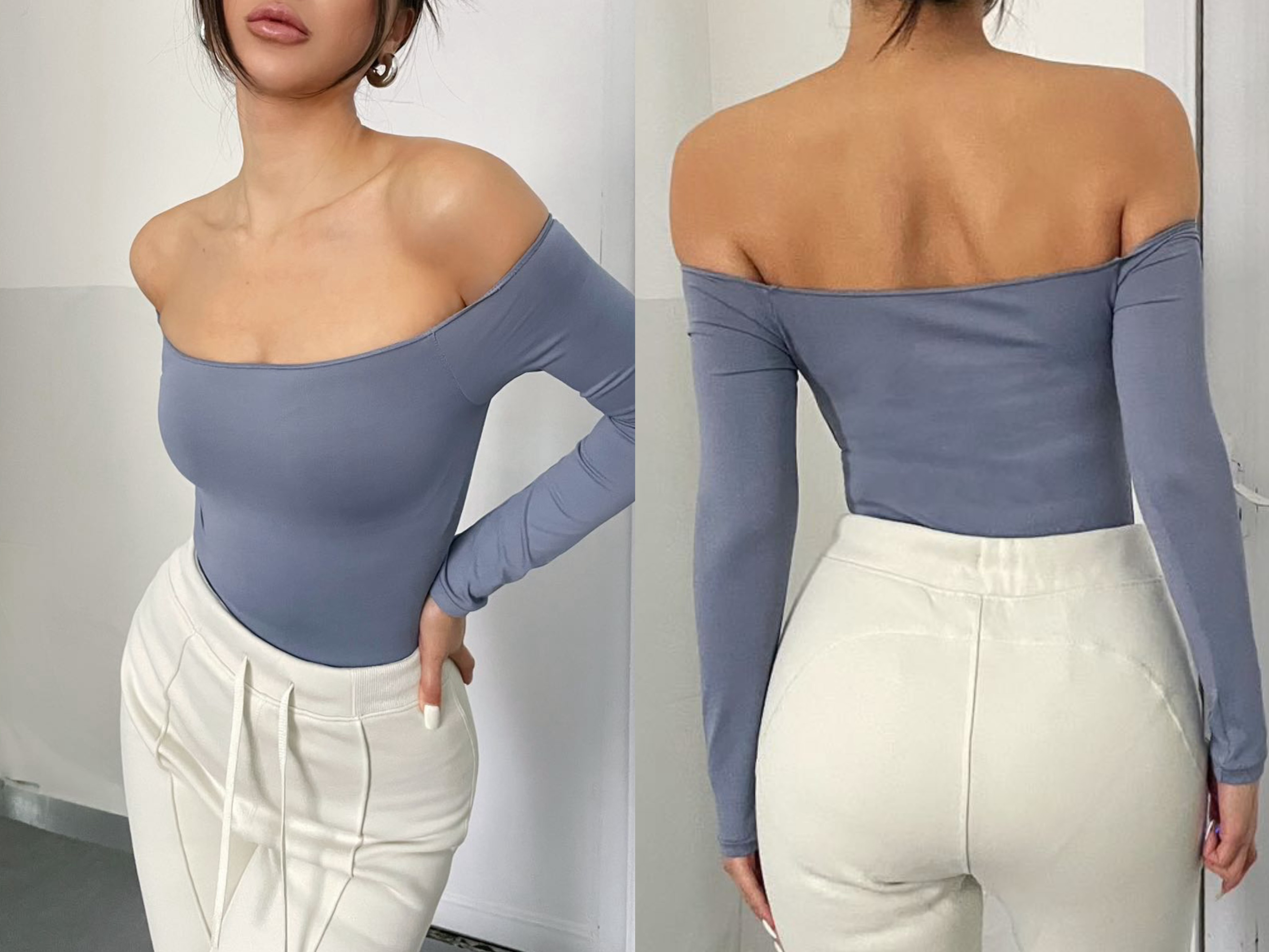 平肩长袖紧身塑形连体衣