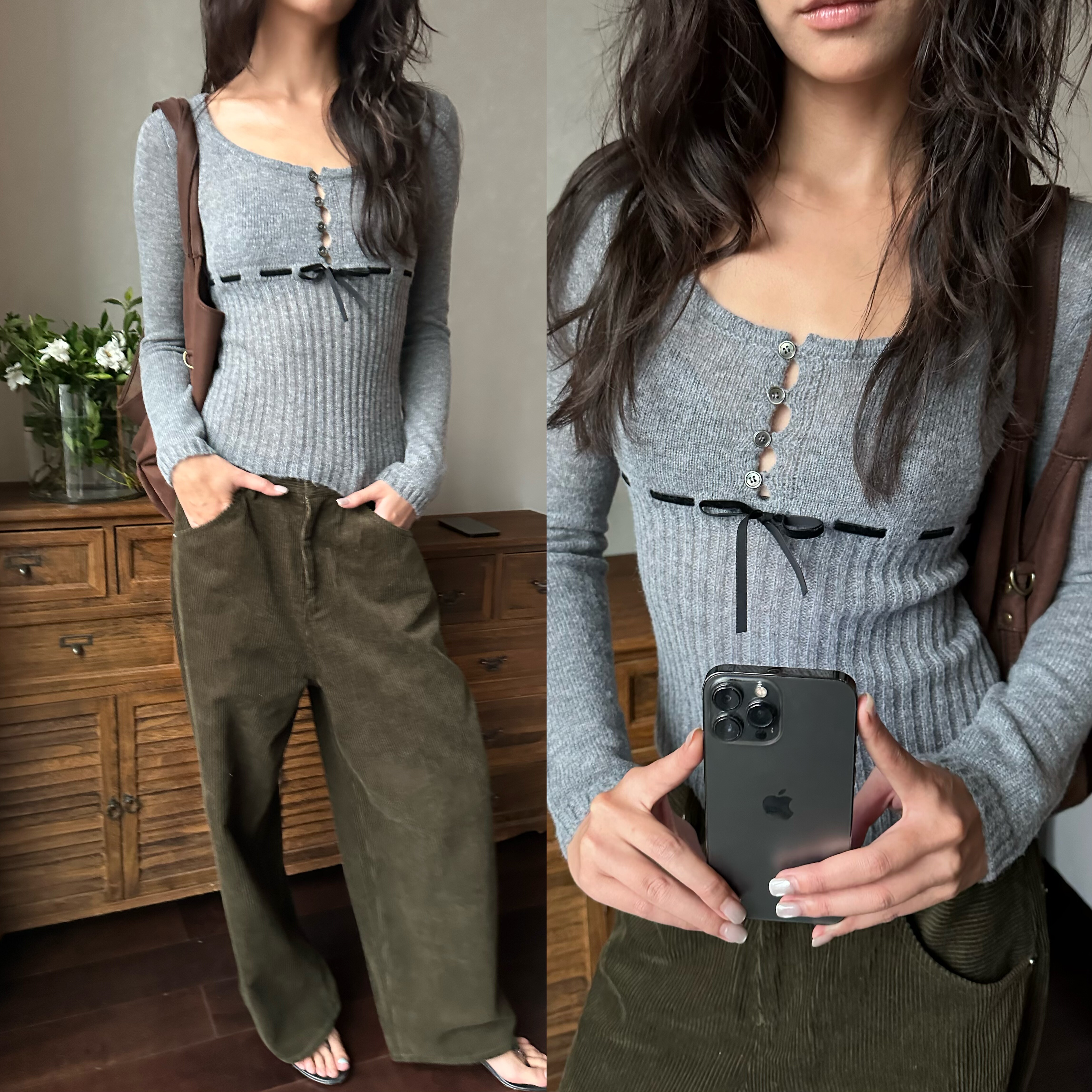 现货还原 WEEEECHAN次日早晨  丝绒系带U领半开襟修身针织衫