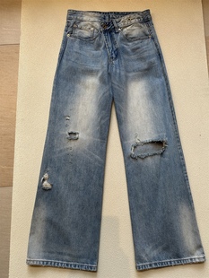 次日早晨next day morning 错位裤头设计 低腰直筒水洗破洞牛仔裤