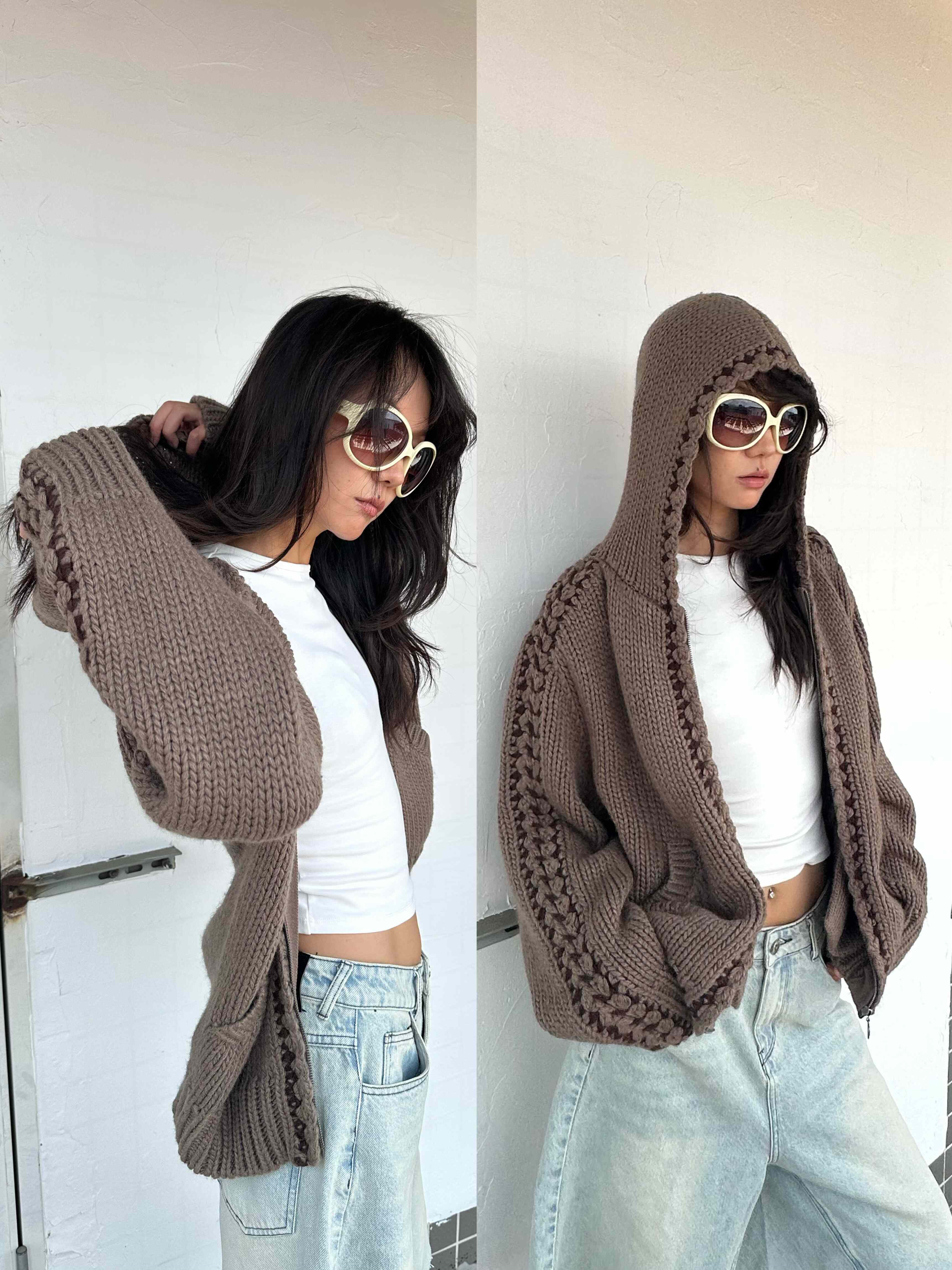 现货 WEEEECHAN  复古提花拉链连帽针织开衫毛衣羊毛宽松外套