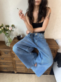 女 高个折叠腰宽松阔腿拖地牛仔裤 易梦玲同款 WEEEECHAN次日早晨